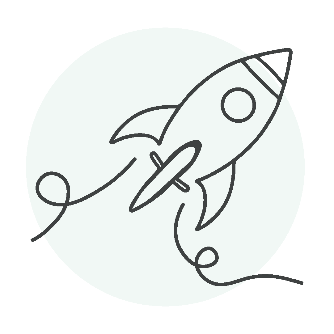 Line art icon of a rocket ship, symbolizing speed.