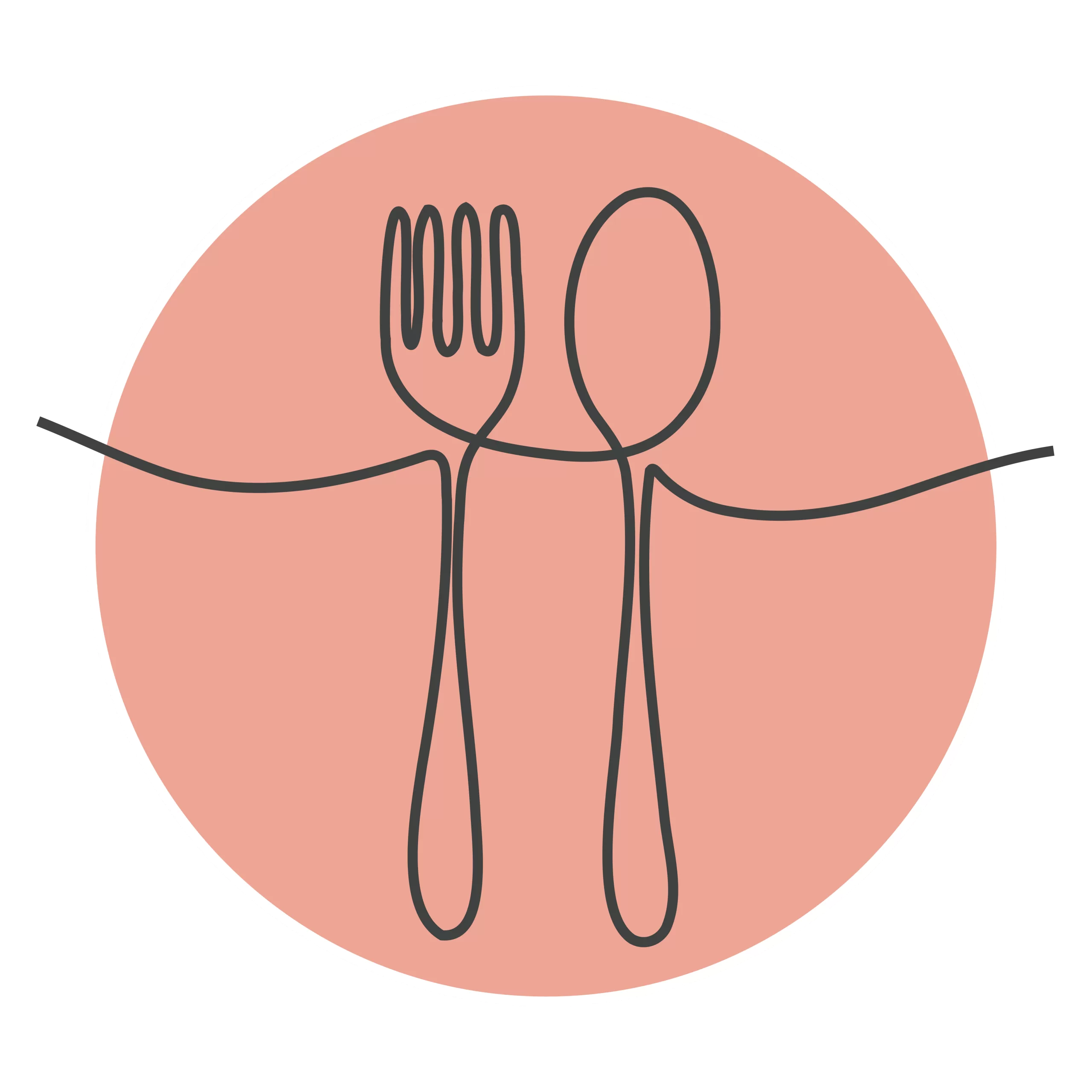 Red line art icon of a fork and spoon, symbolizing feeding problems that can be helped by developmental and behavioral pediatrics.