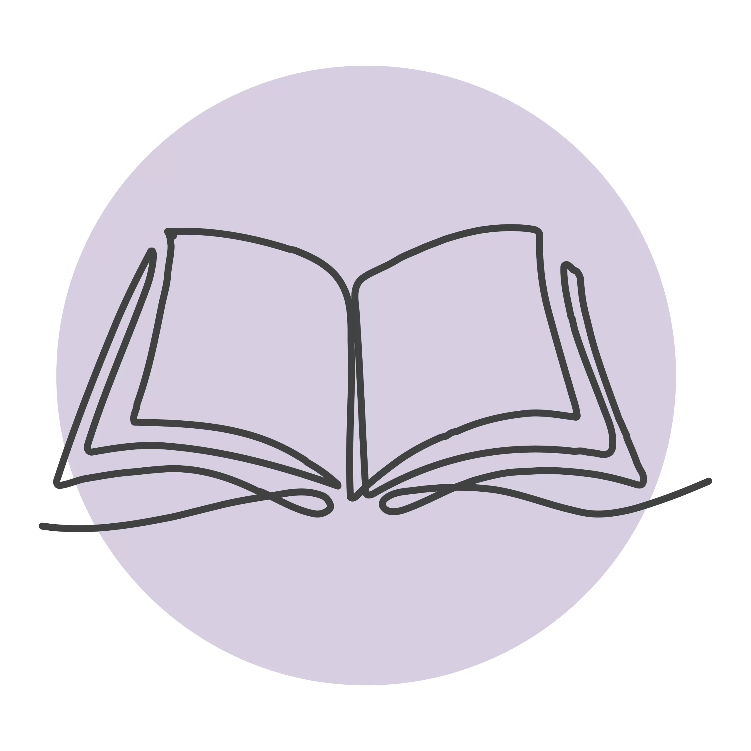 Purple line art icon of a book, symbolizing learning problems that can be helped by developmental and behavioral pediatrics.